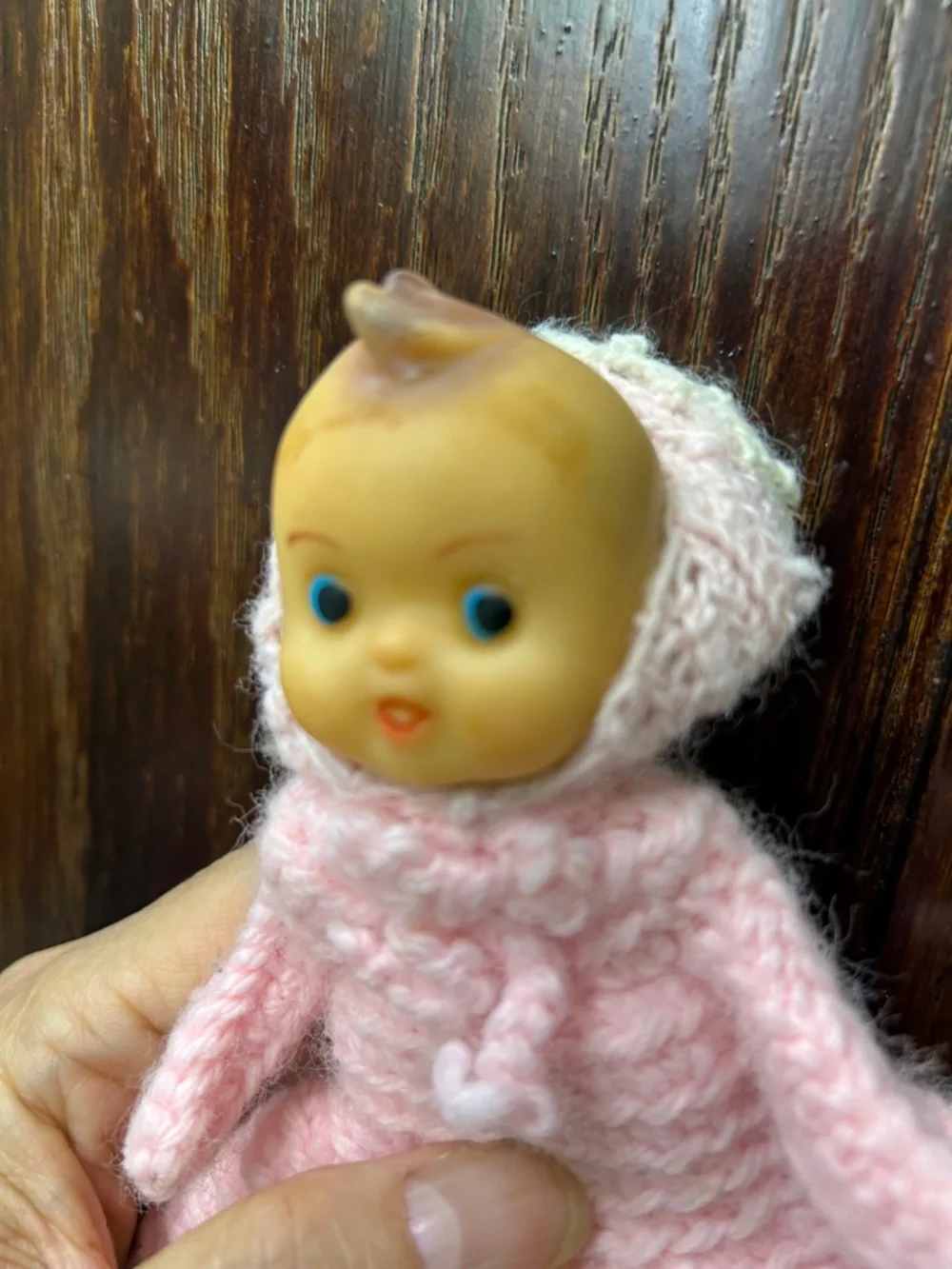 VTG Handmade Kewpie Blue Eyed Baby Doll Soft Vinyl Face Pink Crochet Kawaii 7